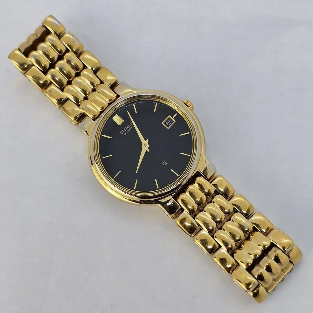 VTG Citizen CQ Women's Watch 32MM Black Dial Date Gold Bracelet 7.5